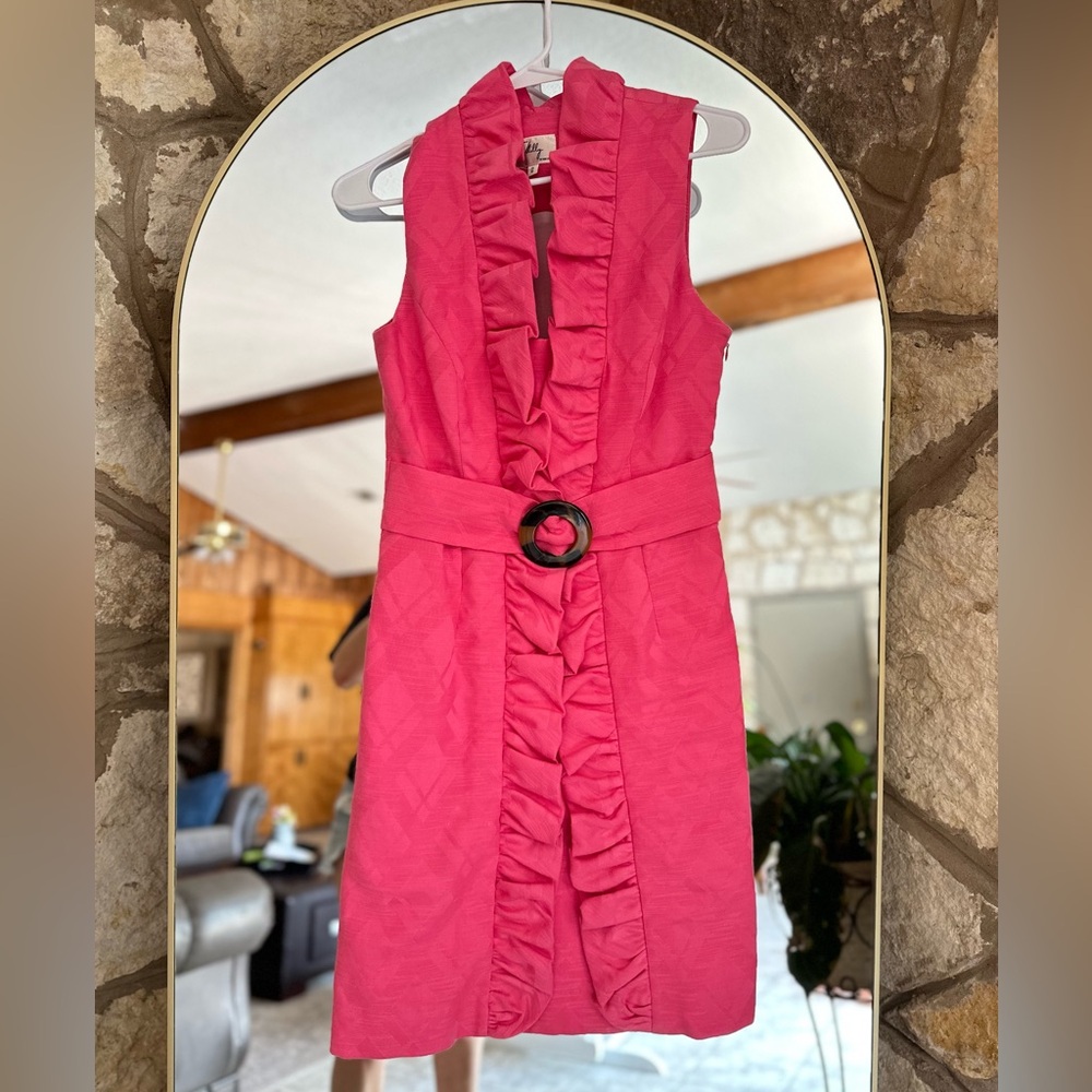 $395 VINTAGE Milly of New York Danielle Ruffle Tortoise Belt Dress Flamingo Pink